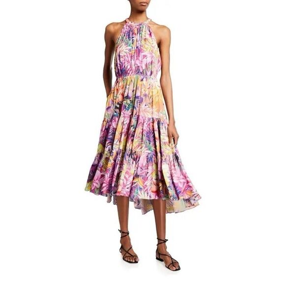 Kobi Halperin Hope Floral Tiered Halter Dress Pink Sleeveless Multi Sz S $498